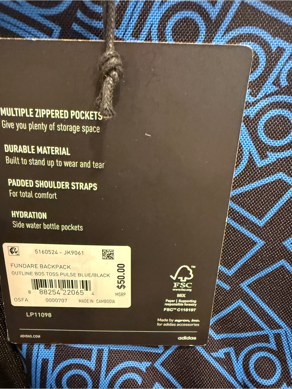NWT adidas Backpack Blue Black All Over Logo Print Neon Green School Sports Bag - Picture 5 of 14